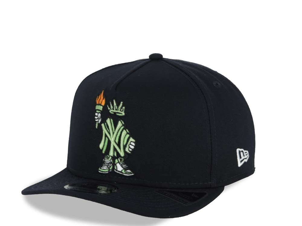 New York Yankees New Era MLB 9FIFTY 950 A-Frame Snapback Cap Hat Navy Blue Crown/Visor Green/Orange Liberty Cartoon Logo NY Side Patch Gray UV