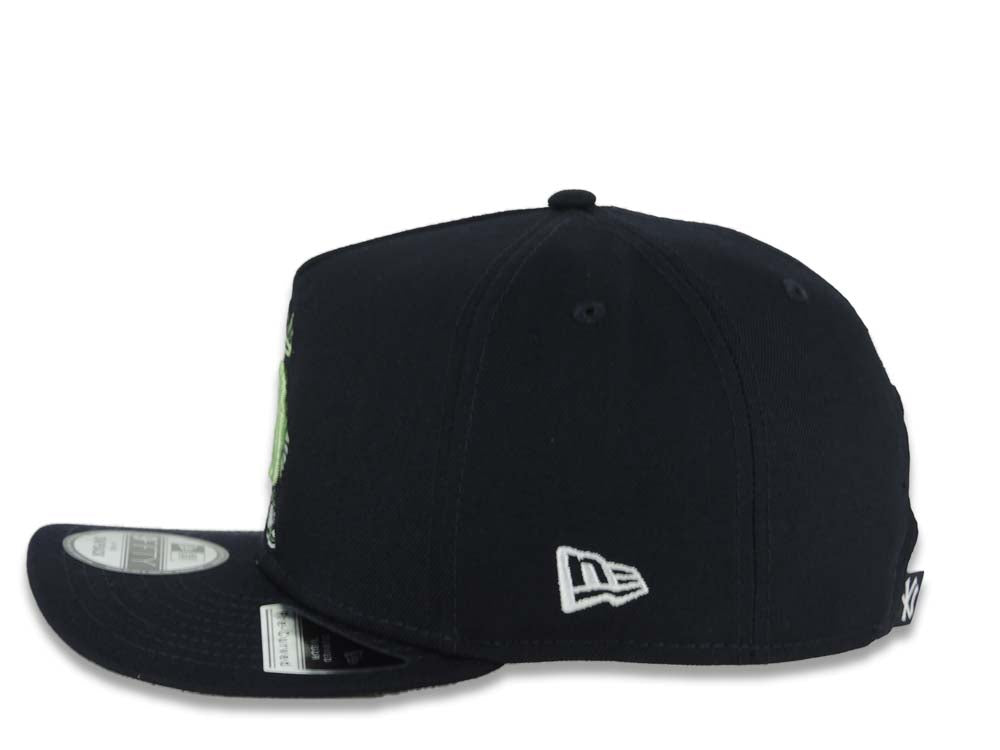 New York Yankees New Era MLB 9FIFTY 950 A-Frame Snapback Cap Hat Navy Blue Crown/Visor Green/Orange Liberty Cartoon Logo NY Side Patch Gray UV