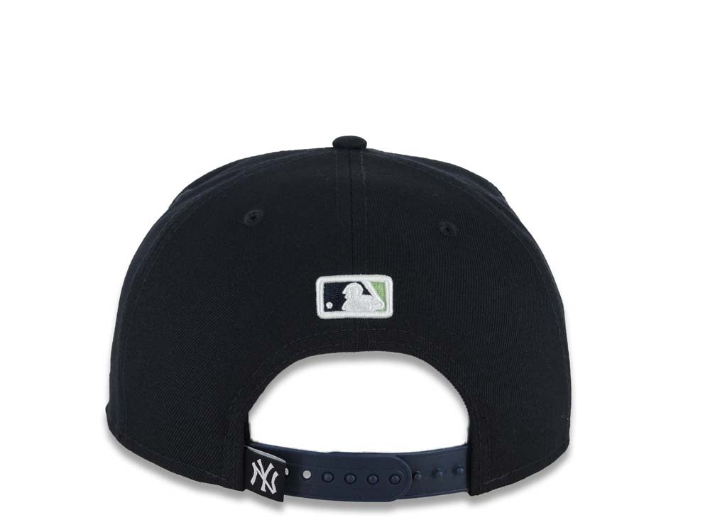 New York Yankees New Era MLB 9FIFTY 950 A-Frame Snapback Cap Hat Navy Blue Crown/Visor Green/Orange Liberty Cartoon Logo NY Side Patch Gray UV