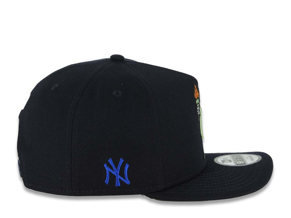New York Yankees New Era MLB 9FIFTY 950 A-Frame Snapback Cap Hat Navy Blue Crown/Visor Green/Orange Liberty Cartoon Logo NY Side Patch Gray UV