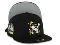 San Diego Padres New Era MLB 59FIFTY 5950 Fitted Cap Hat Black Crown/Visor Black/Metallic Gold/White Splatter Logo 10 Years Petcopark Side Patch