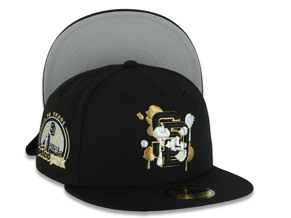 San Diego Padres New Era MLB 59FIFTY 5950 Fitted Cap Hat Black Crown/Visor Black/Metallic Gold/White Splatter Logo 10 Years Petcopark Side Patch