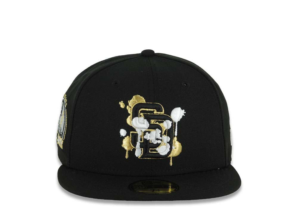 San Diego Padres New Era MLB 59FIFTY 5950 Fitted Cap Hat Black Crown/Visor Black/Metallic Gold/White Splatter Logo 10 Years Petcopark Side Patch