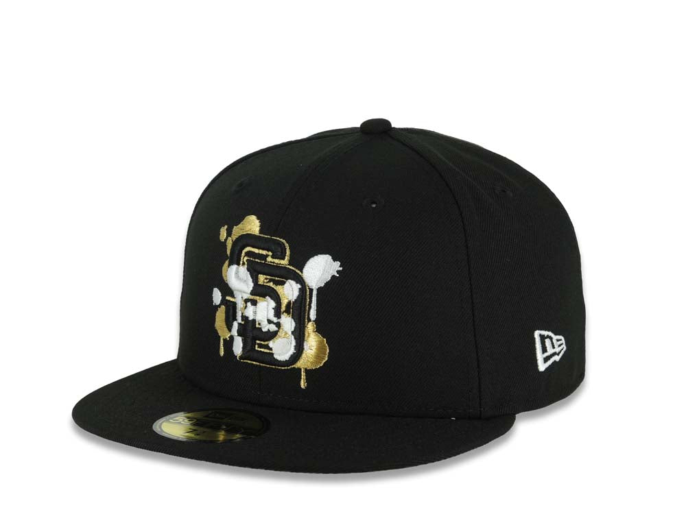 San Diego Padres New Era MLB 59FIFTY 5950 Fitted Cap Hat Black Crown/Visor Black/Metallic Gold/White Splatter Logo 10 Years Petcopark Side Patch