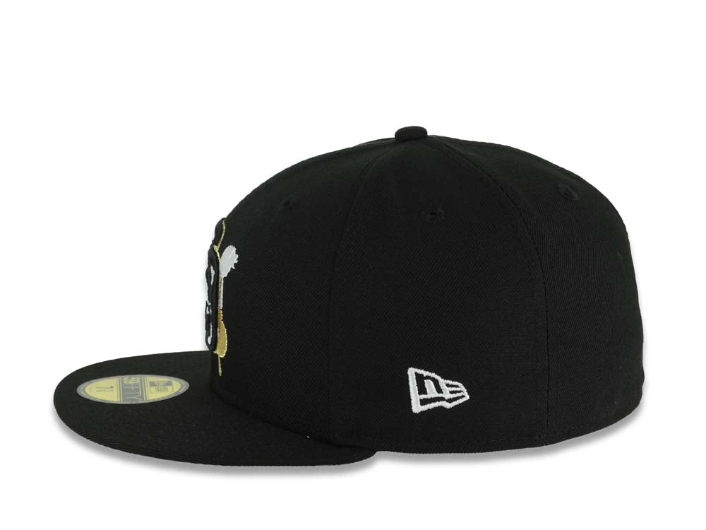 San Diego Padres New Era MLB 59FIFTY 5950 Fitted Cap Hat Black Crown/Visor Black/Metallic Gold/White Splatter Logo 10 Years Petcopark Side Patch