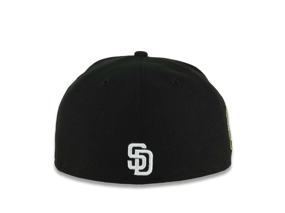 San Diego Padres New Era MLB 59FIFTY 5950 Fitted Cap Hat Black Crown/Visor Black/Metallic Gold/White Splatter Logo 10 Years Petcopark Side Patch