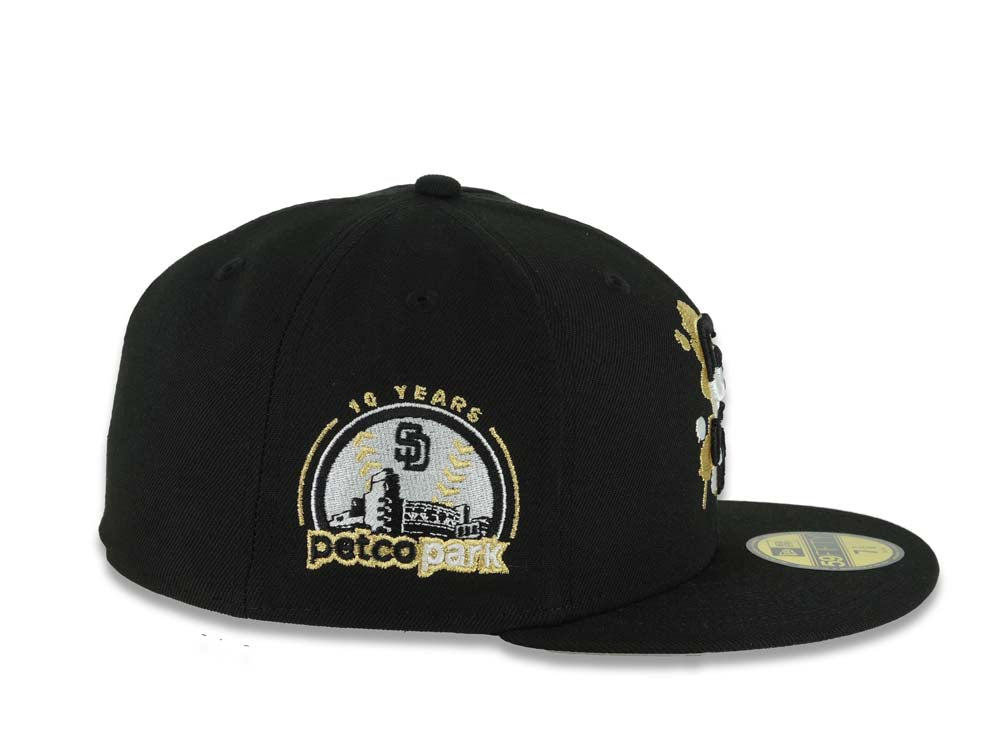 San Diego Padres New Era MLB 59FIFTY 5950 Fitted Cap Hat Black Crown/Visor Black/Metallic Gold/White Splatter Logo 10 Years Petcopark Side Patch