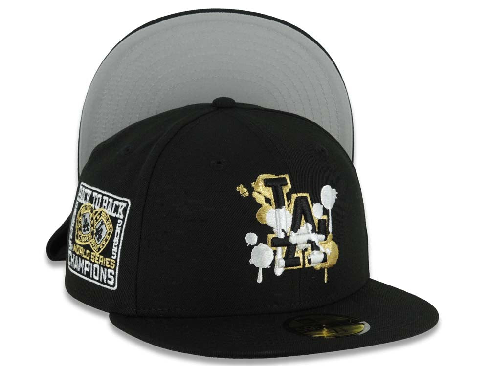 Los Angeles Dodgers New Era MLB 59FIFTY 5950 Fitted Cap Black Crown/Visor Black/White/Gold Splatter Logo 9x World Series Champions Side Patch Gray UV