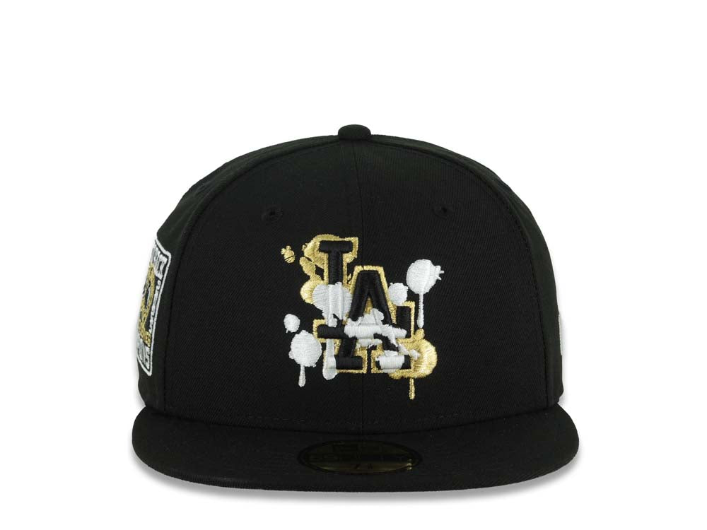 Los Angeles Dodgers New Era MLB 59FIFTY 5950 Fitted Cap Black Crown/Visor Black/White/Gold Splatter Logo 9x World Series Champions Side Patch Gray UV