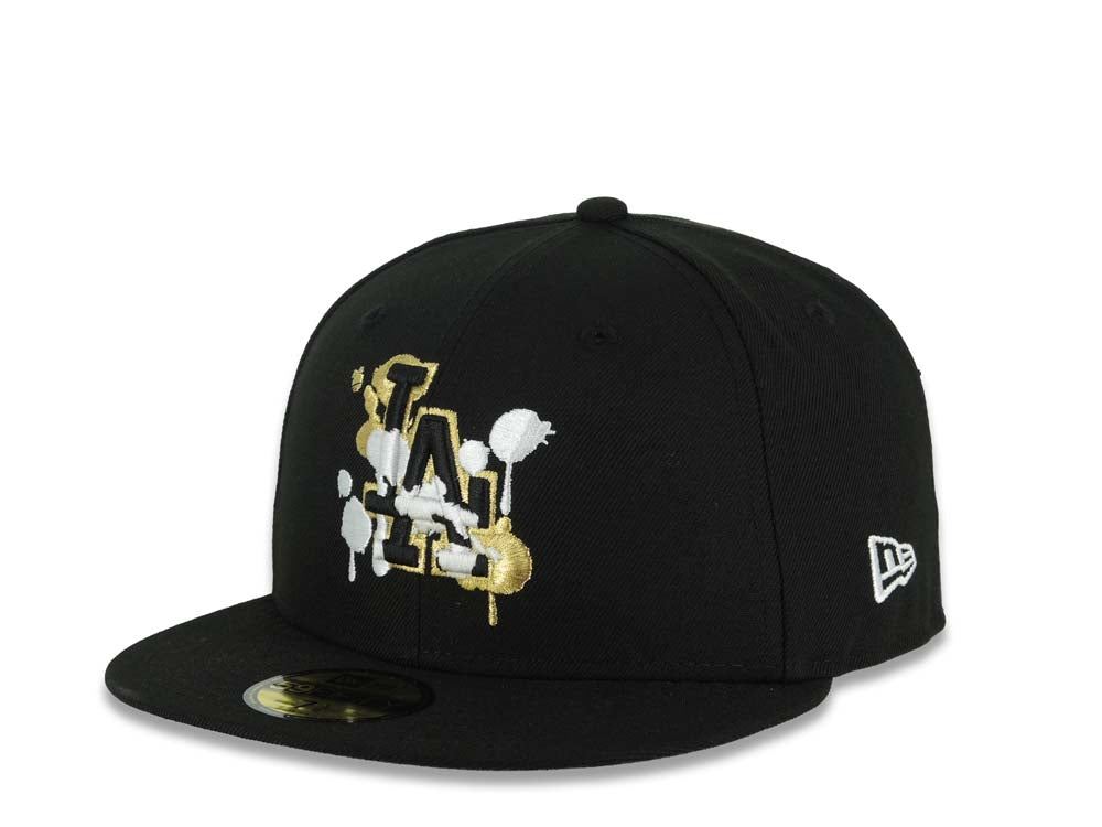 Los Angeles Dodgers New Era MLB 59FIFTY 5950 Fitted Cap Black Crown/Visor Black/White/Gold Splatter Logo 9x World Series Champions Side Patch Gray UV