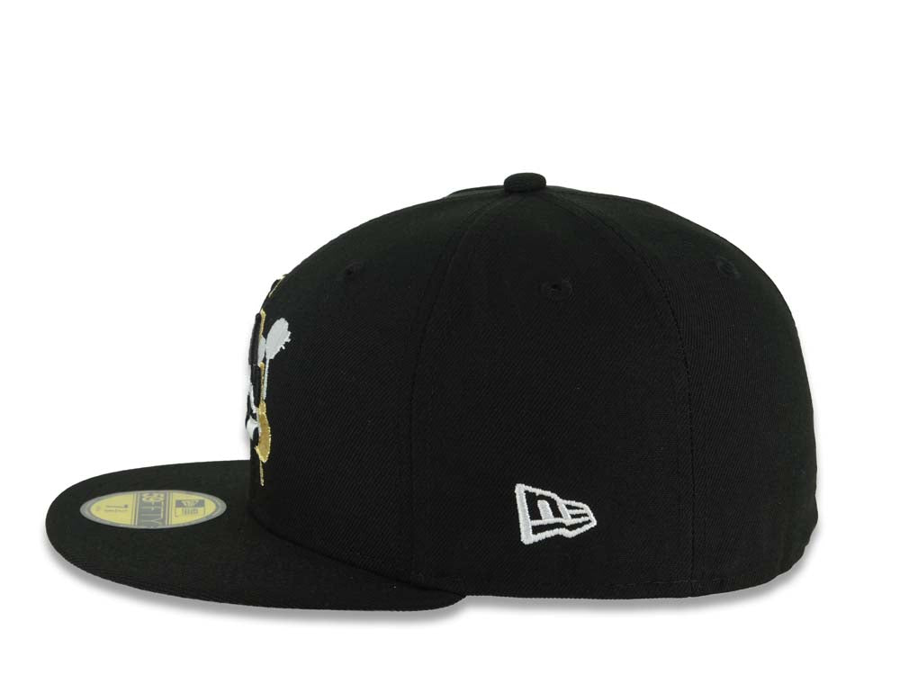 Los Angeles Dodgers New Era MLB 59FIFTY 5950 Fitted Cap Black Crown/Visor Black/White/Gold Splatter Logo 9x World Series Champions Side Patch Gray UV