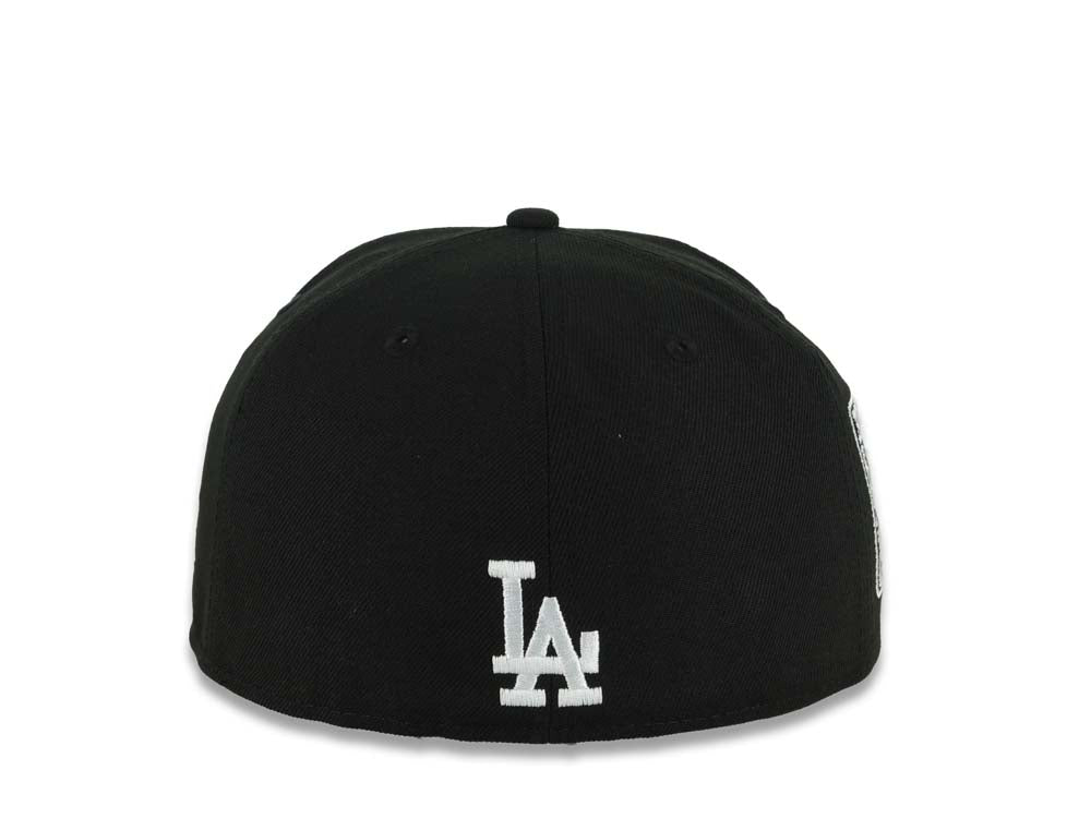 Los Angeles Dodgers New Era MLB 59FIFTY 5950 Fitted Cap Black Crown/Visor Black/White/Gold Splatter Logo 9x World Series Champions Side Patch Gray UV
