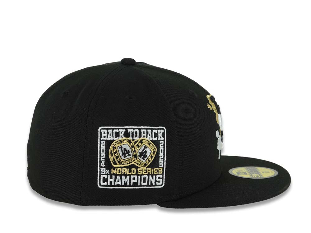 Los Angeles Dodgers New Era MLB 59FIFTY 5950 Fitted Cap Black Crown/Visor Black/White/Gold Splatter Logo 9x World Series Champions Side Patch Gray UV