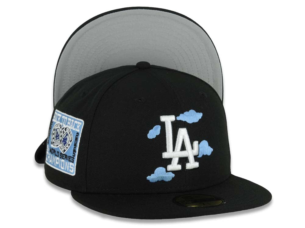 Los Angeles Dodgers New Era MLB 59FIFTY 5950 Fitted Cap Hat Black Crown/Visor White/Sky Blue Cloud Logo 9x World Series Champions Side Patch Gray UV
