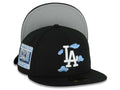 Los Angeles Dodgers New Era MLB 59FIFTY 5950 Fitted Cap Hat Black Crown/Visor White/Sky Blue Cloud Logo 9x World Series Champions Side Patch Gray UV