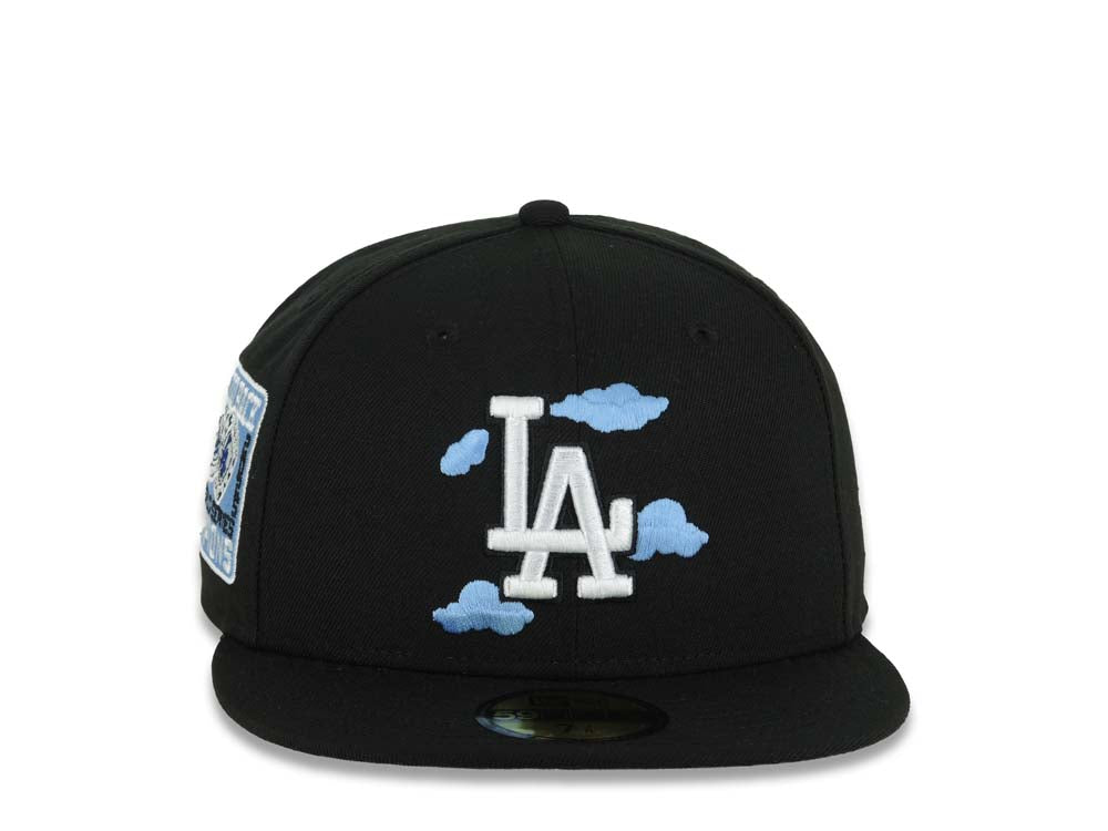 Los Angeles Dodgers New Era MLB 59FIFTY 5950 Fitted Cap Hat Black Crown/Visor White/Sky Blue Cloud Logo 9x World Series Champions Side Patch Gray UV