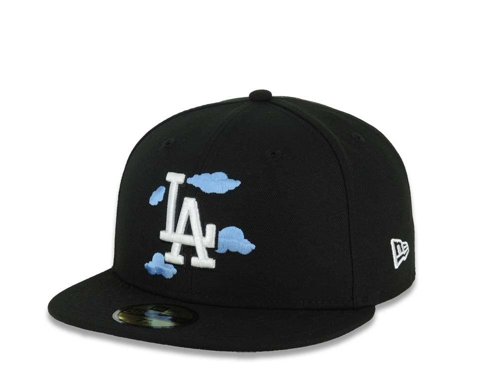 Los Angeles Dodgers New Era MLB 59FIFTY 5950 Fitted Cap Hat Black Crown/Visor White/Sky Blue Cloud Logo 9x World Series Champions Side Patch Gray UV