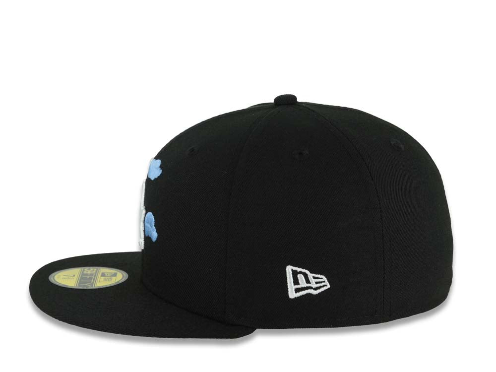 Los Angeles Dodgers New Era MLB 59FIFTY 5950 Fitted Cap Hat Black Crown/Visor White/Sky Blue Cloud Logo 9x World Series Champions Side Patch Gray UV