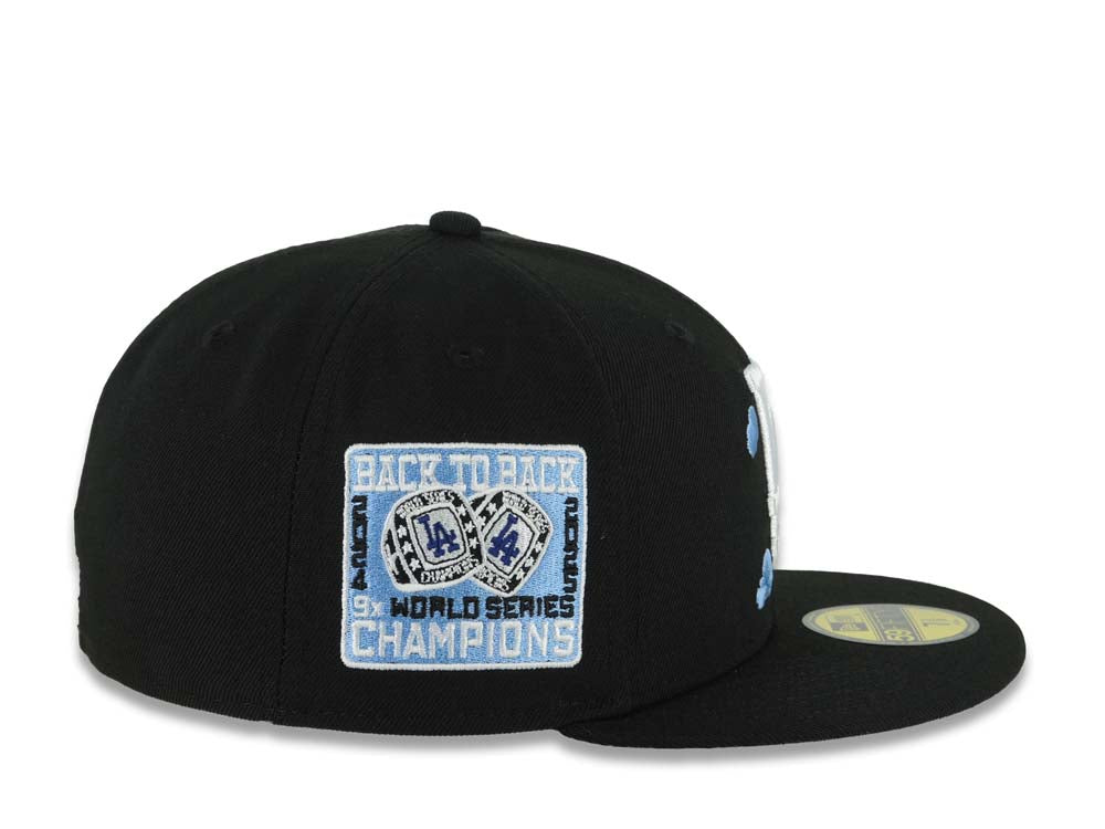Los Angeles Dodgers New Era MLB 59FIFTY 5950 Fitted Cap Hat Black Crown/Visor White/Sky Blue Cloud Logo 9x World Series Champions Side Patch Gray UV