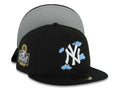 New York Yankees New Era MLB 59FIFTY 5950 Fitted Cap Hat Black Crown/Visor White/Sky Blue Logo With Cloud 2024 World Series Side Patch Gray UV
