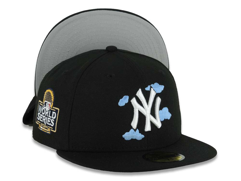 New York Yankees New Era MLB 59FIFTY 5950 Fitted Cap Hat Black Crown/Visor White/Sky Blue Logo With Cloud 2024 World Series Side Patch Gray UV