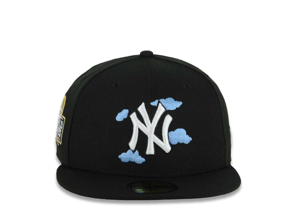 New York Yankees New Era MLB 59FIFTY 5950 Fitted Cap Hat Black Crown/Visor White/Sky Blue Logo With Cloud 2024 World Series Side Patch Gray UV