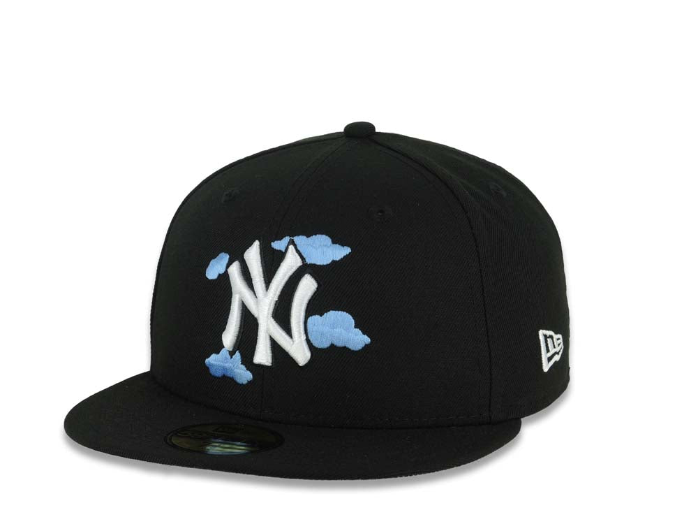New York Yankees New Era MLB 59FIFTY 5950 Fitted Cap Hat Black Crown/Visor White/Sky Blue Logo With Cloud 2024 World Series Side Patch Gray UV