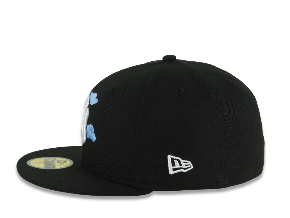New York Yankees New Era MLB 59FIFTY 5950 Fitted Cap Hat Black Crown/Visor White/Sky Blue Logo With Cloud 2024 World Series Side Patch Gray UV