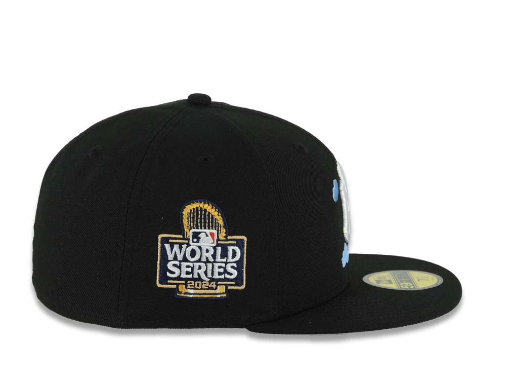 New York Yankees New Era MLB 59FIFTY 5950 Fitted Cap Hat Black Crown/Visor White/Sky Blue Logo With Cloud 2024 World Series Side Patch Gray UV