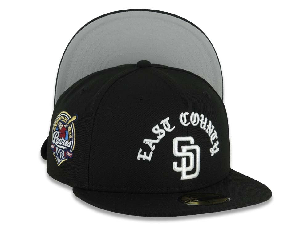 San Diego Padres New Era MLB 59FIFTY 5950 Fitted Cap Hat Black Crown/Visor White East County Script/Text Logo 40th Anniversary Side Patch Gray UV