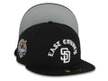 San Diego Padres New Era MLB 59FIFTY 5950 Fitted Cap Hat Black Crown/Visor White East County Script/Text Logo 40th Anniversary Side Patch Gray UV