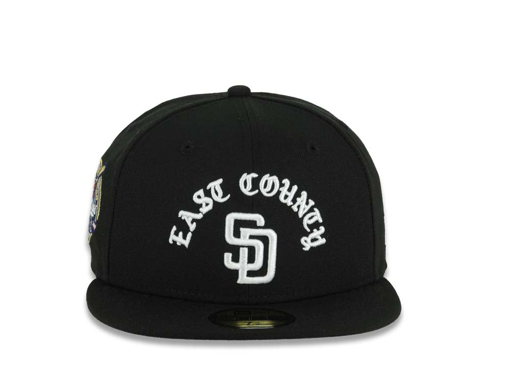 San Diego Padres New Era MLB 59FIFTY 5950 Fitted Cap Hat Black Crown/Visor White East County Script/Text Logo 40th Anniversary Side Patch Gray UV