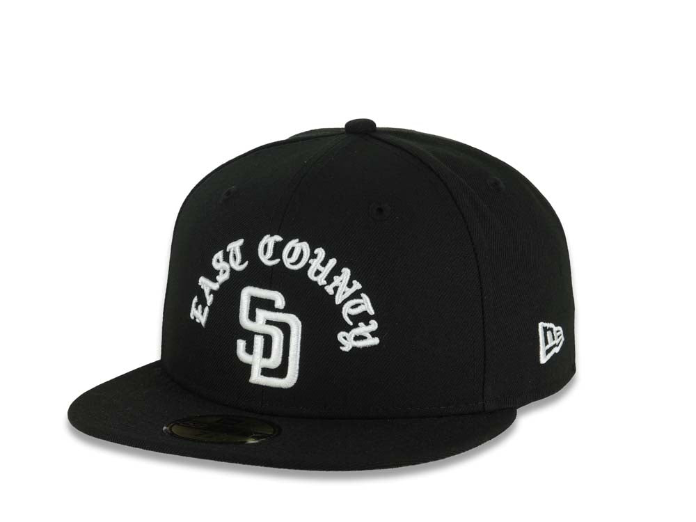 San Diego Padres New Era MLB 59FIFTY 5950 Fitted Cap Hat Black Crown/Visor White East County Script/Text Logo 40th Anniversary Side Patch Gray UV