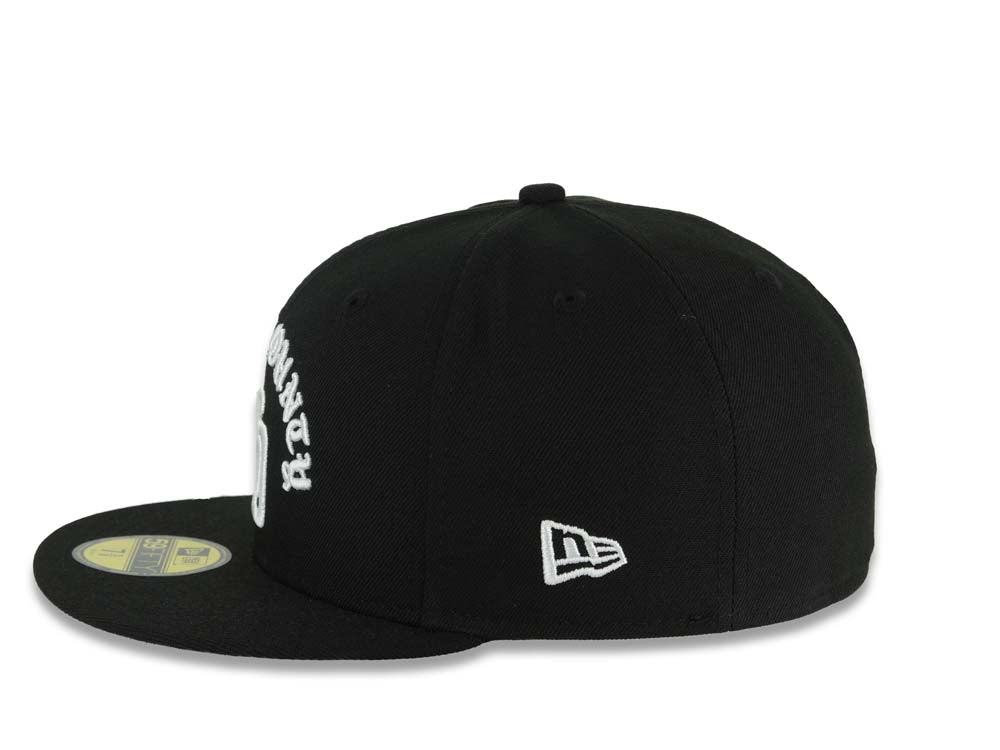 San Diego Padres New Era MLB 59FIFTY 5950 Fitted Cap Hat Black Crown/Visor White East County Script/Text Logo 40th Anniversary Side Patch Gray UV