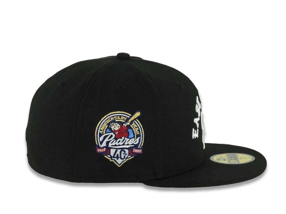 San Diego Padres New Era MLB 59FIFTY 5950 Fitted Cap Hat Black Crown/Visor White East County Script/Text Logo 40th Anniversary Side Patch Gray UV
