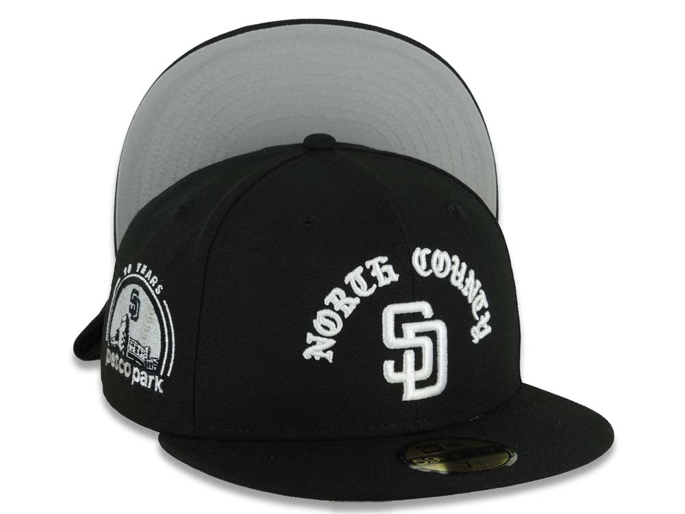 San Diego Padres New Era MLB 59FIFTY 5950 Fitted Cap Hat Black Crown/Visor White North County Script/Text Logo 10 Years Petcopark Side Patch Gray UV