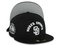 San Diego Padres New Era MLB 59FIFTY 5950 Fitted Cap Hat Black Crown/Visor White North County Script/Text Logo 10 Years Petcopark Side Patch Gray UV