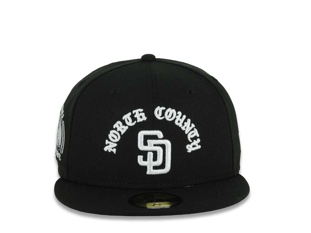 San Diego Padres New Era MLB 59FIFTY 5950 Fitted Cap Hat Black Crown/Visor White North County Script/Text Logo 10 Years Petcopark Side Patch Gray UV