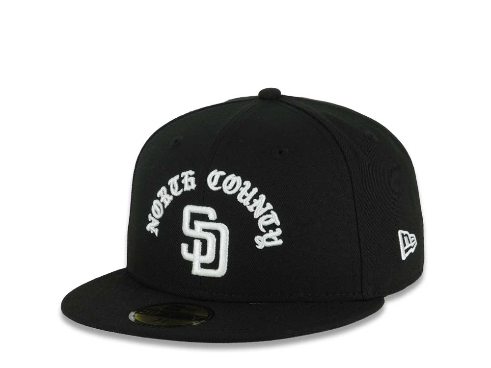 San Diego Padres New Era MLB 59FIFTY 5950 Fitted Cap Hat Black Crown/Visor White North County Script/Text Logo 10 Years Petcopark Side Patch Gray UV