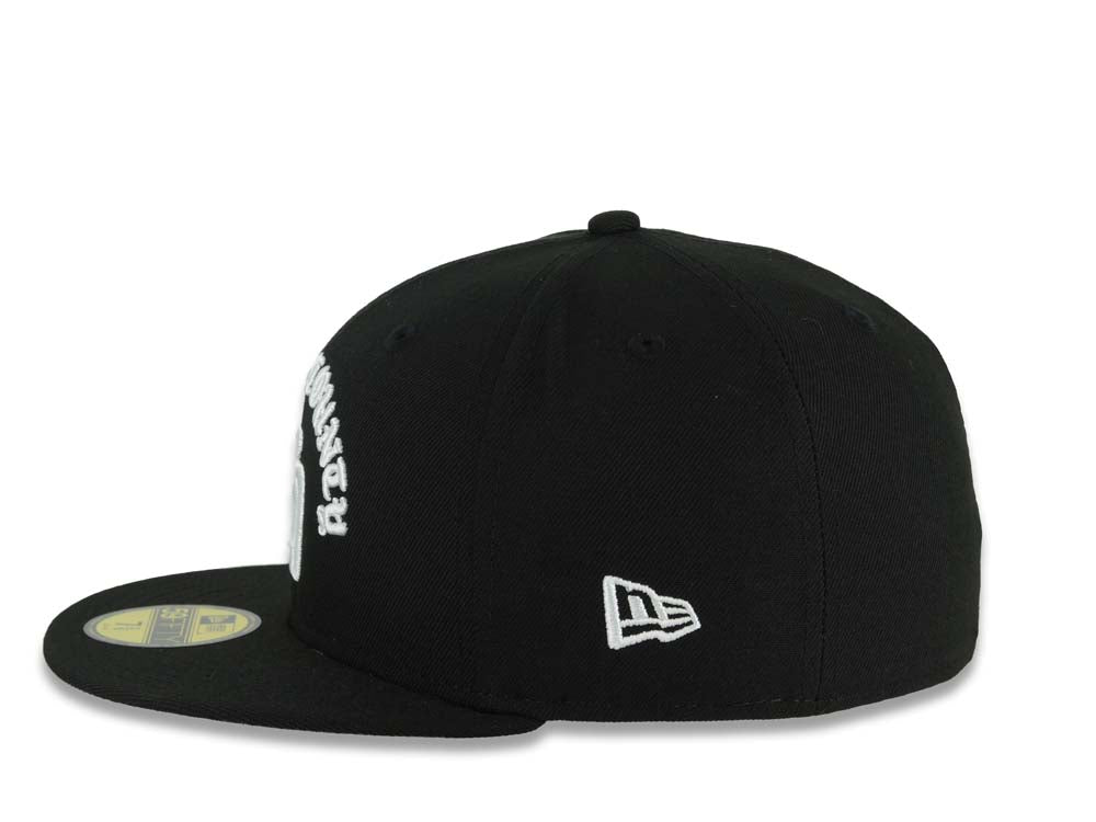 San Diego Padres New Era MLB 59FIFTY 5950 Fitted Cap Hat Black Crown/Visor White North County Script/Text Logo 10 Years Petcopark Side Patch Gray UV