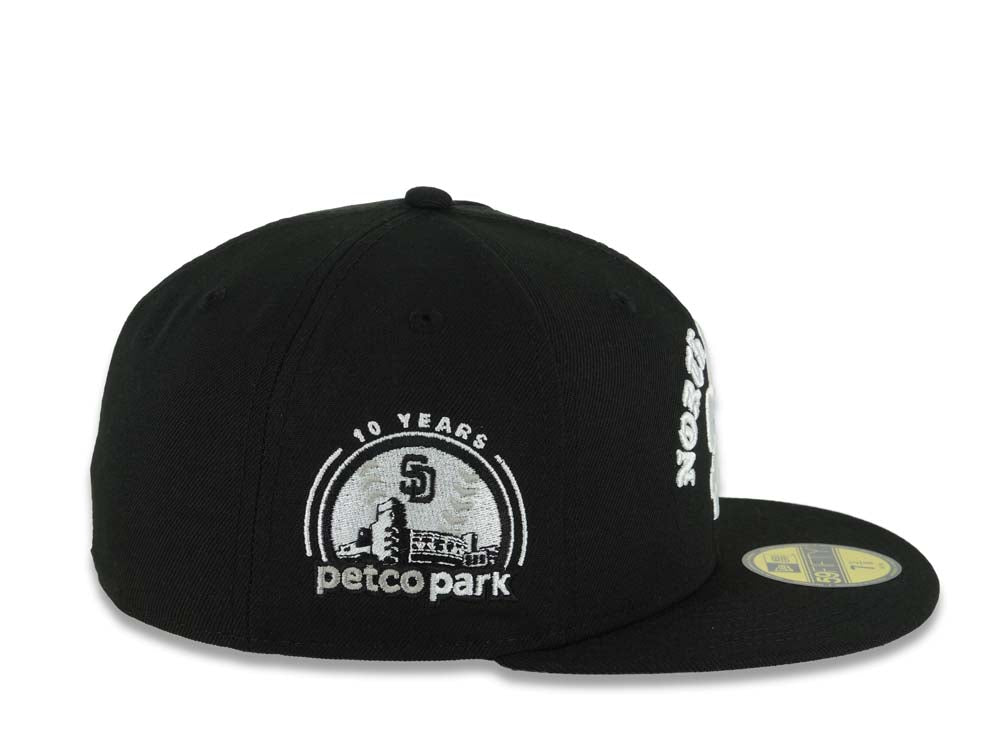 San Diego Padres New Era MLB 59FIFTY 5950 Fitted Cap Hat Black Crown/Visor White North County Script/Text Logo 10 Years Petcopark Side Patch Gray UV