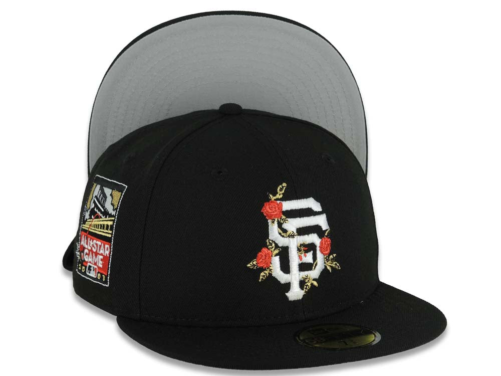 San Francisco Giants New Era MLB 59FIFTY 5950 Fitted Cap Hat Black Crown/Visor White/Red Logo With Rose 2007 All-Star Game Side Patch Gray UV