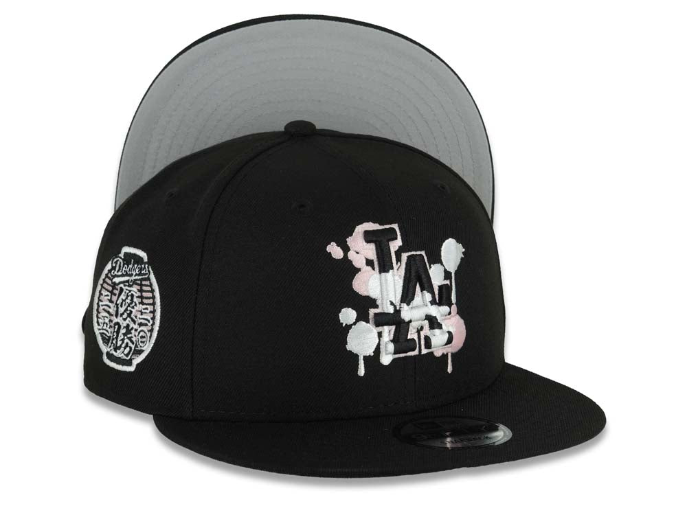 Los Angeles Dodgers New Era MLB 9FIFTY 950 Snapback Cap Hat Black Crown/Visor Black/White/Pink Splatter Logo 2025 World Series Lantern Side Patch
