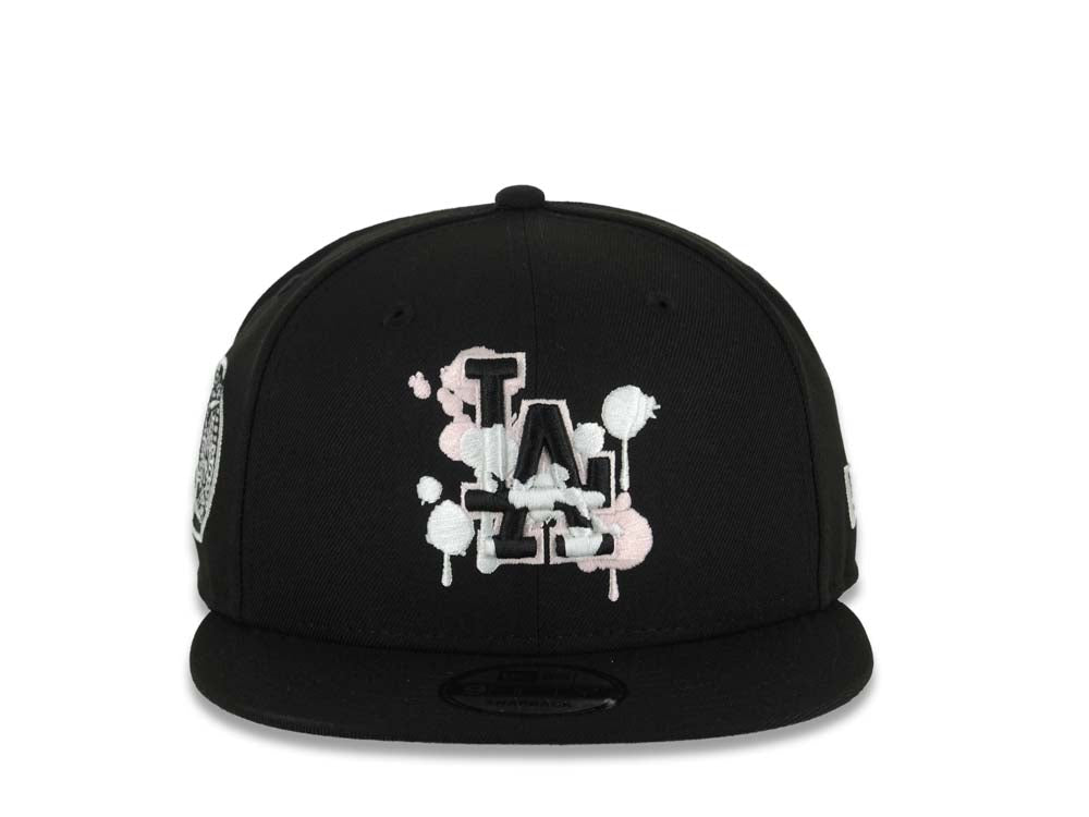 Los Angeles Dodgers New Era MLB 9FIFTY 950 Snapback Cap Hat Black Crown/Visor Black/White/Pink Splatter Logo 2025 World Series Lantern Side Patch
