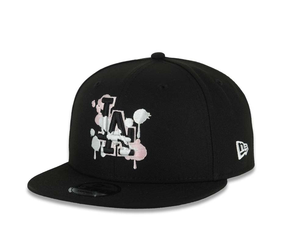 Los Angeles Dodgers New Era MLB 9FIFTY 950 Snapback Cap Hat Black Crown/Visor Black/White/Pink Splatter Logo 2025 World Series Lantern Side Patch