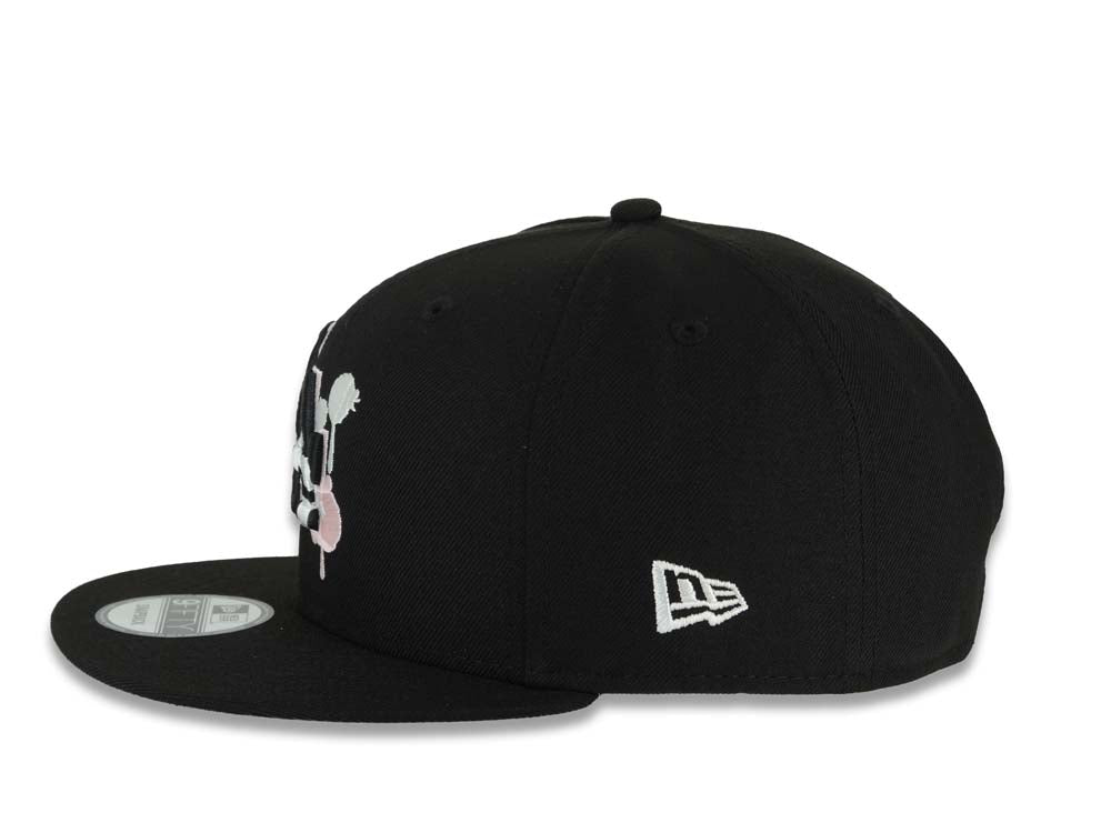 Los Angeles Dodgers New Era MLB 9FIFTY 950 Snapback Cap Hat Black Crown/Visor Black/White/Pink Splatter Logo 2025 World Series Lantern Side Patch