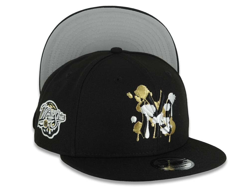 New York Yankees New Era MLB 9FIFTY 950 Snapback Cap Hat Black Crown/Visor Black/White/Metallic Gold Splatter Logo 1998 World Series Side Patch