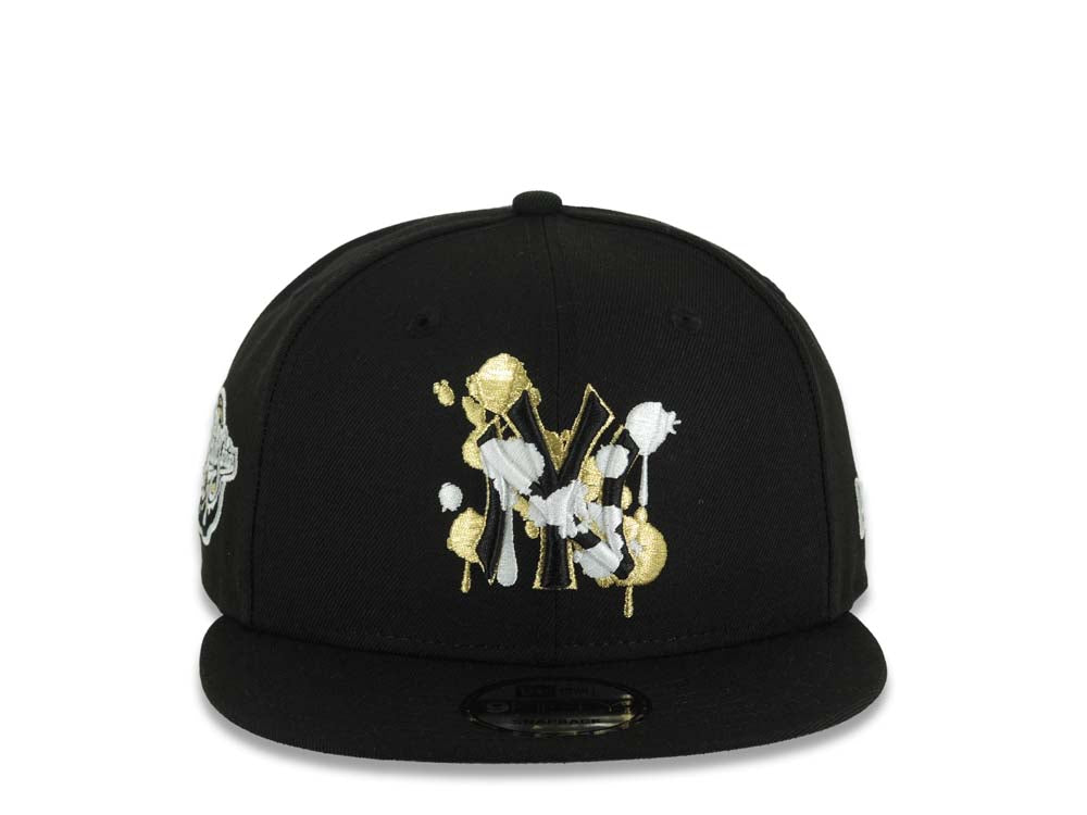 New York Yankees New Era MLB 9FIFTY 950 Snapback Cap Hat Black Crown/Visor Black/White/Metallic Gold Splatter Logo 1998 World Series Side Patch