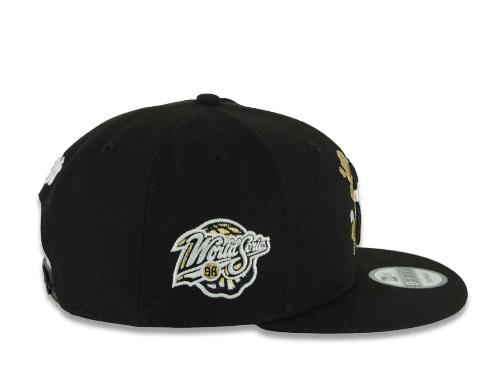 New York Yankees New Era MLB 9FIFTY 950 Snapback Cap Hat Black Crown/Visor Black/White/Metallic Gold Splatter Logo 1998 World Series Side Patch