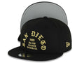 San Diego Padres New Era MLB 9FIFTY 950 Snapback Cap Hat Black Crown/Visor Metallic Gold 1969 Major League Baseball Text/Script Logo Gray UV